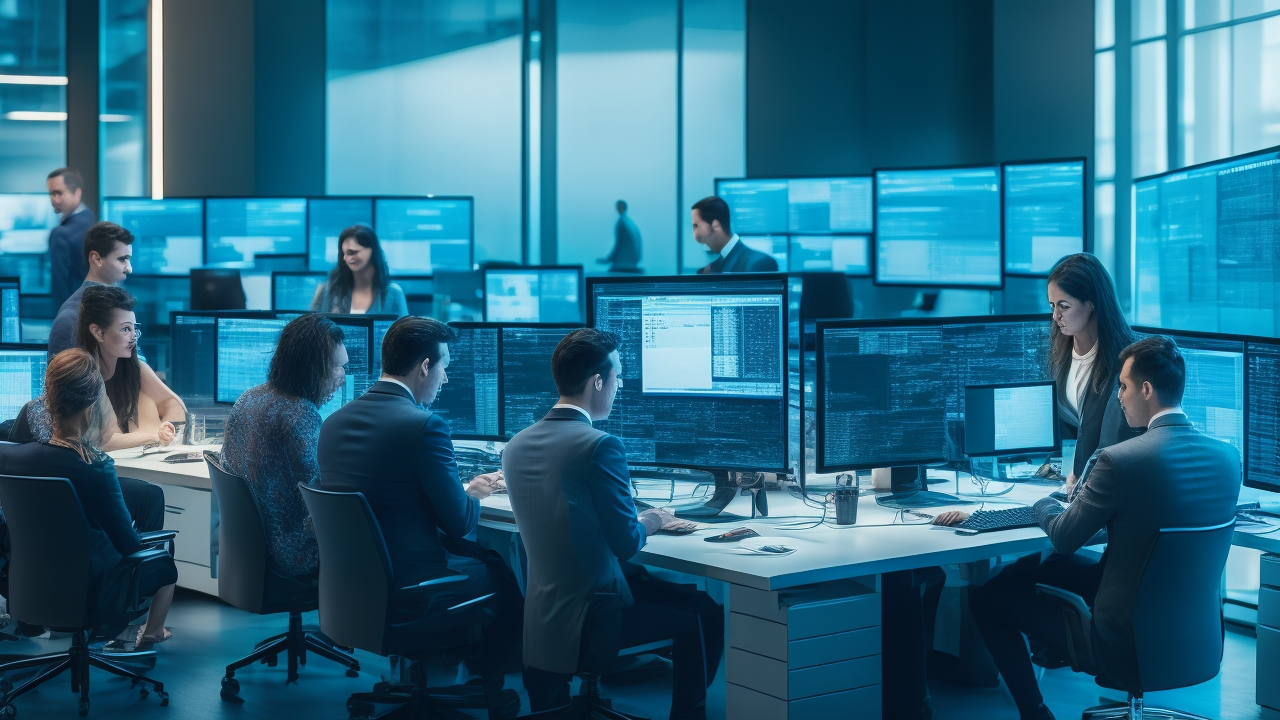 A cinematic editorial photograph of a modern Eastern European tech office with diverse professionals collaborating intensely over multiple screens displaying coded data streams, in a stylish high-tech environment that conveys AI innovation, multilingual teamwork, and cost-effective data annotation expertise.