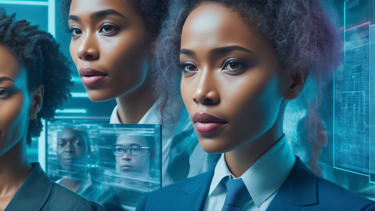A cinematic close-up of diverse professionals collaborating around glowing digital screens displaying abstract facial expression patterns and waveforms, symbolizing emotion annotation AI and empathetic machine learning in a high-tech, innovative workspace.