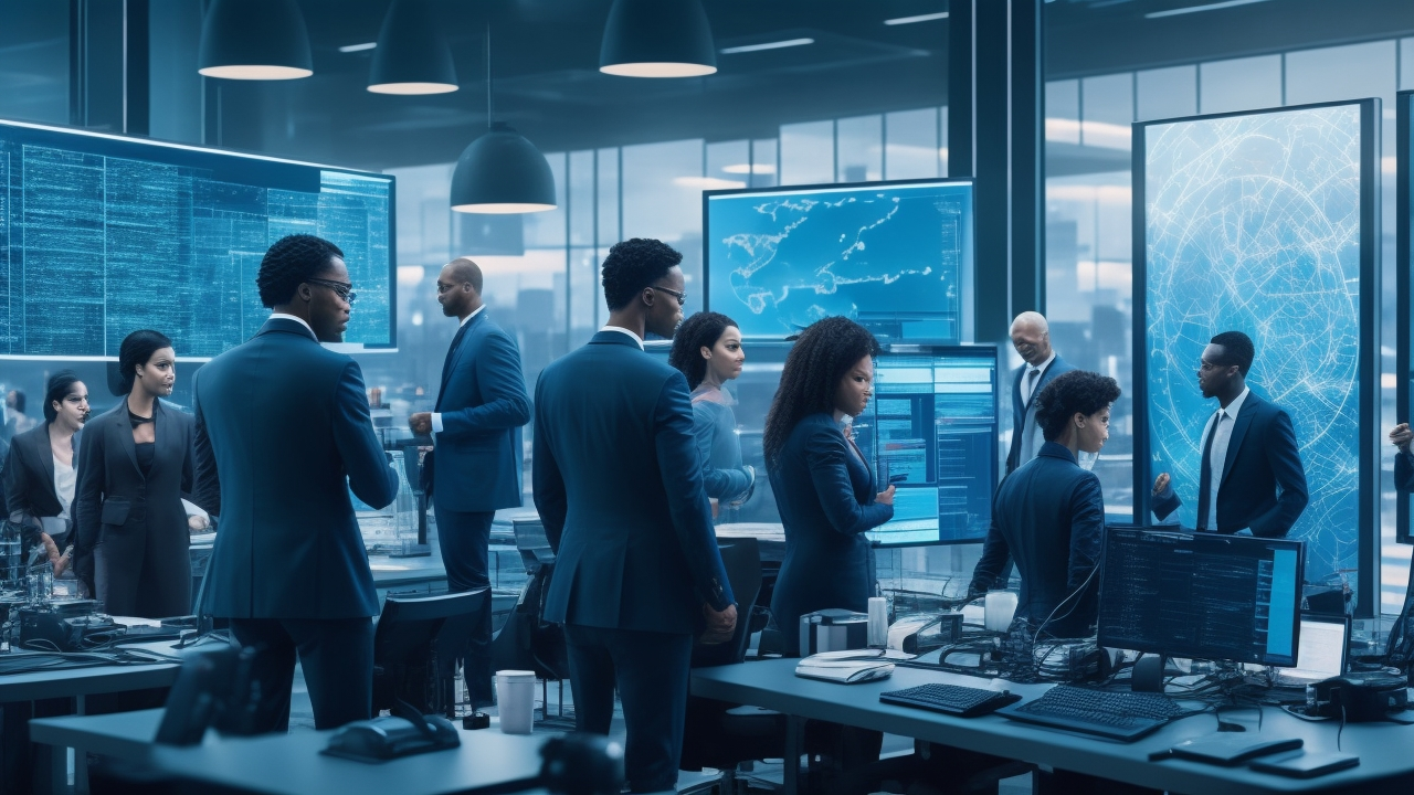 A cinematic editorial scene showing a diverse team of professionals collaborating intensely around large digital screens displaying complex data analytics and AI workflows, symbolizing the fusion of human expertise and advanced technology driving precision in hybrid quality assurance systems.