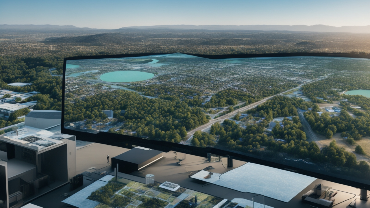 A cinematic aerial view of a satellite image on a high-resolution digital screen in a modern tech workspace, with professionals analyzing and digitally annotating detailed land features like buildings, roads, and vegetation, showcasing advanced geospatial data mapping and AI-powered satellite imagery annotation technology.