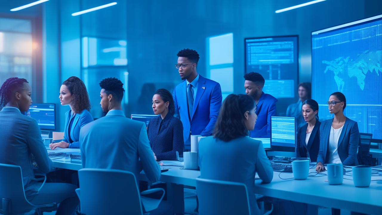 A cinematic editorial image of a diverse team of focused professionals collaborating intensely around multiple glowing screens displaying abstract data and AI visualizations in a modern startup office, conveying speed, precision, and teamwork in AI data labeling.
