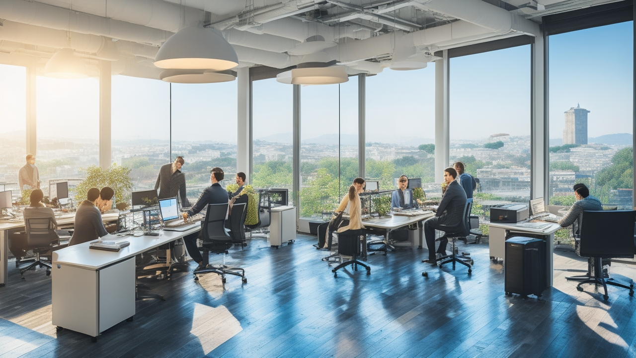 A cinematic editorial photograph of a modern coworking space in Istanbul, showing a diverse team of focused young professionals collaborating on computers with multilingual data and AI concepts, bathed in warm natural light that highlights technology and innovation, with a subtle cityscape of Istanbul’s skyline visible through large windows.