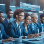A cinematic editorial image of a diverse, focused team of data annotators collaborating with advanced AI visualization interfaces in a modern tech workspace, symbolizing the synergy of human expertise and AI automation driving innovation in the global data labeling industry.