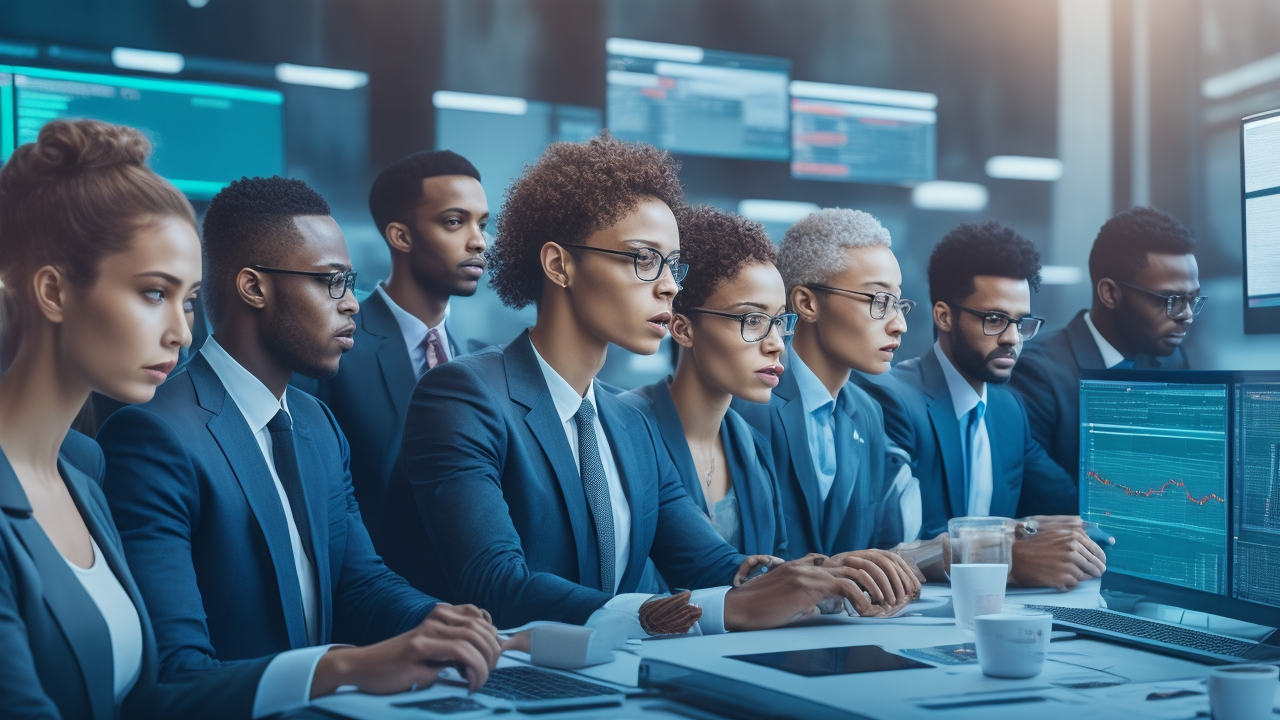 A cinematic editorial image of a diverse, focused team of data annotators collaborating with advanced AI visualization interfaces in a modern tech workspace, symbolizing the synergy of human expertise and AI automation driving innovation in the global data labeling industry.