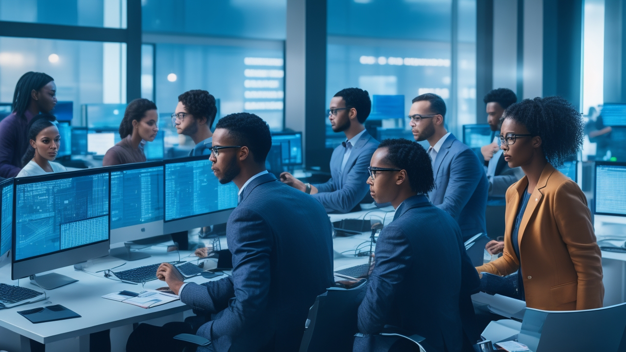 A dynamic, cinematic shot of a diverse team of focused data annotators collaborating over multiple computer screens displaying complex data visualizations and sprint planning charts in a modern, high-tech office, illuminated by soft natural and cool ambient lighting, capturing the energy and precision of agile workflow in fast-paced tech innovation.