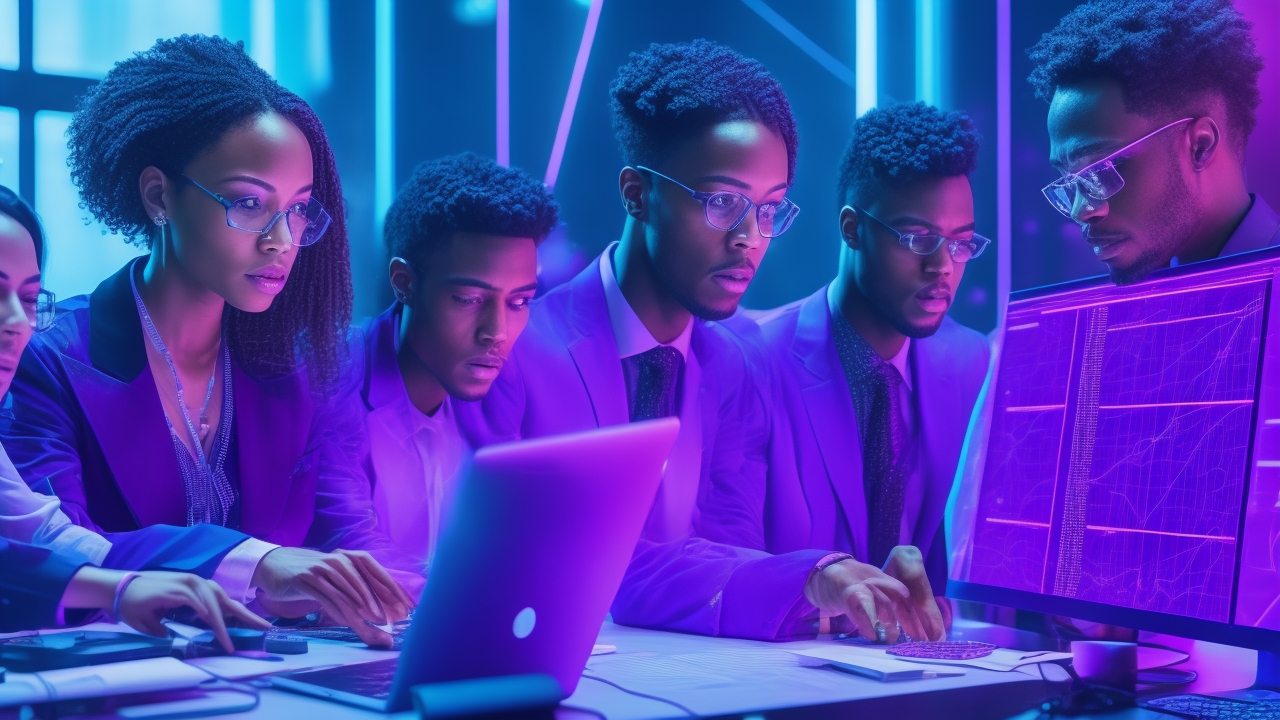 A cinematic close-up of a diverse tech team collaborating over a futuristic digital interface displaying data points and graphs, illuminated by cool blue and purple lighting in a modern high-tech workspace, conveying innovation and precision in AI-driven annotation optimization.