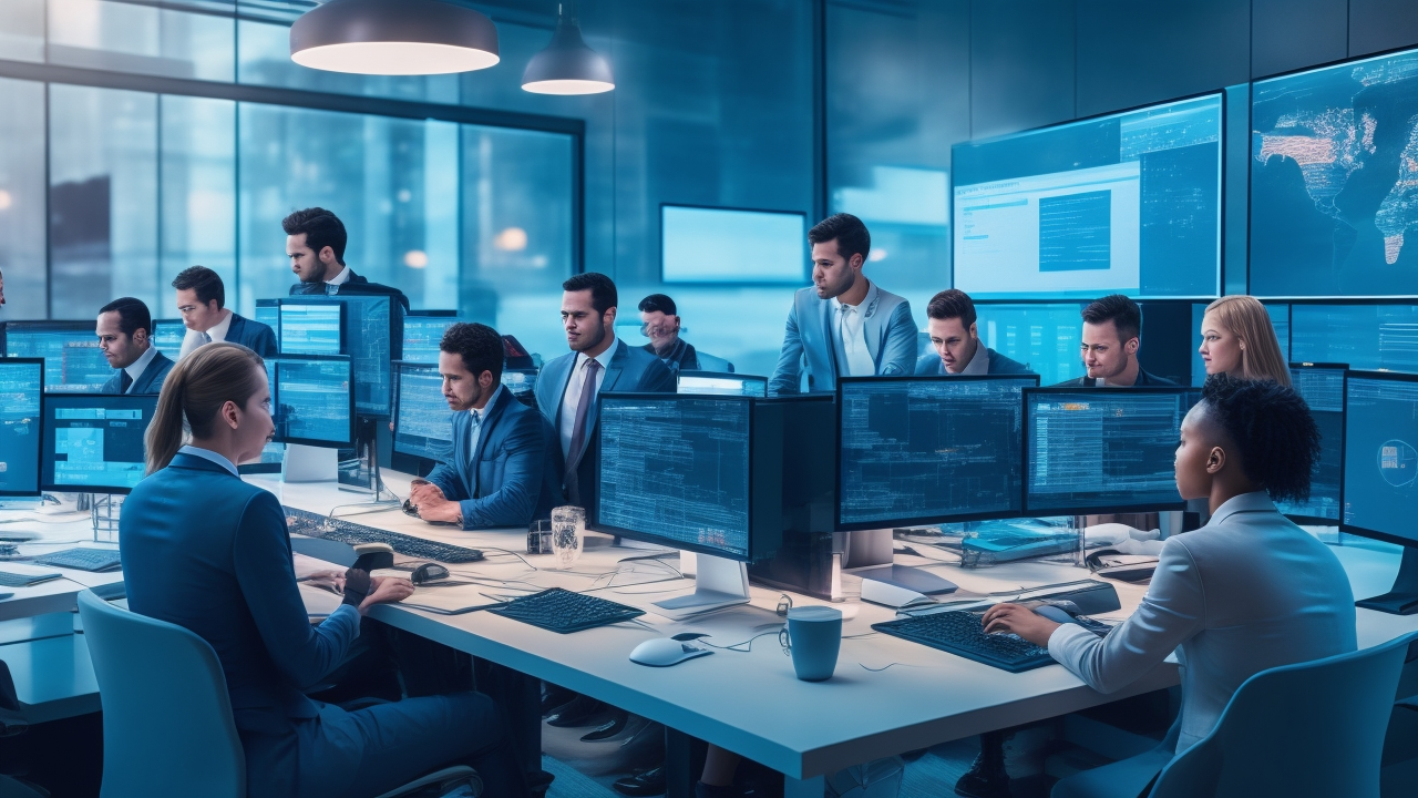 A diverse team of professionals collaborating intensely around a high-tech workspace filled with multiple glowing screens displaying complex datasets and annotation visualizations, set within a modern, sleek office environment that conveys precision, innovation, and scalable AI development.