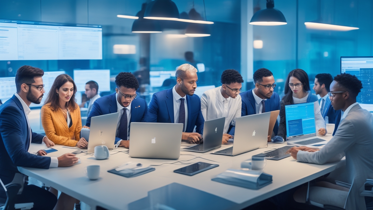 A diverse team of professionals collaborating around a modern office table, engaged in high-tech data annotation and training activities with laptops and digital interfaces, illuminated by warm cinematic lighting that conveys global teamwork and scalable AI innovation.