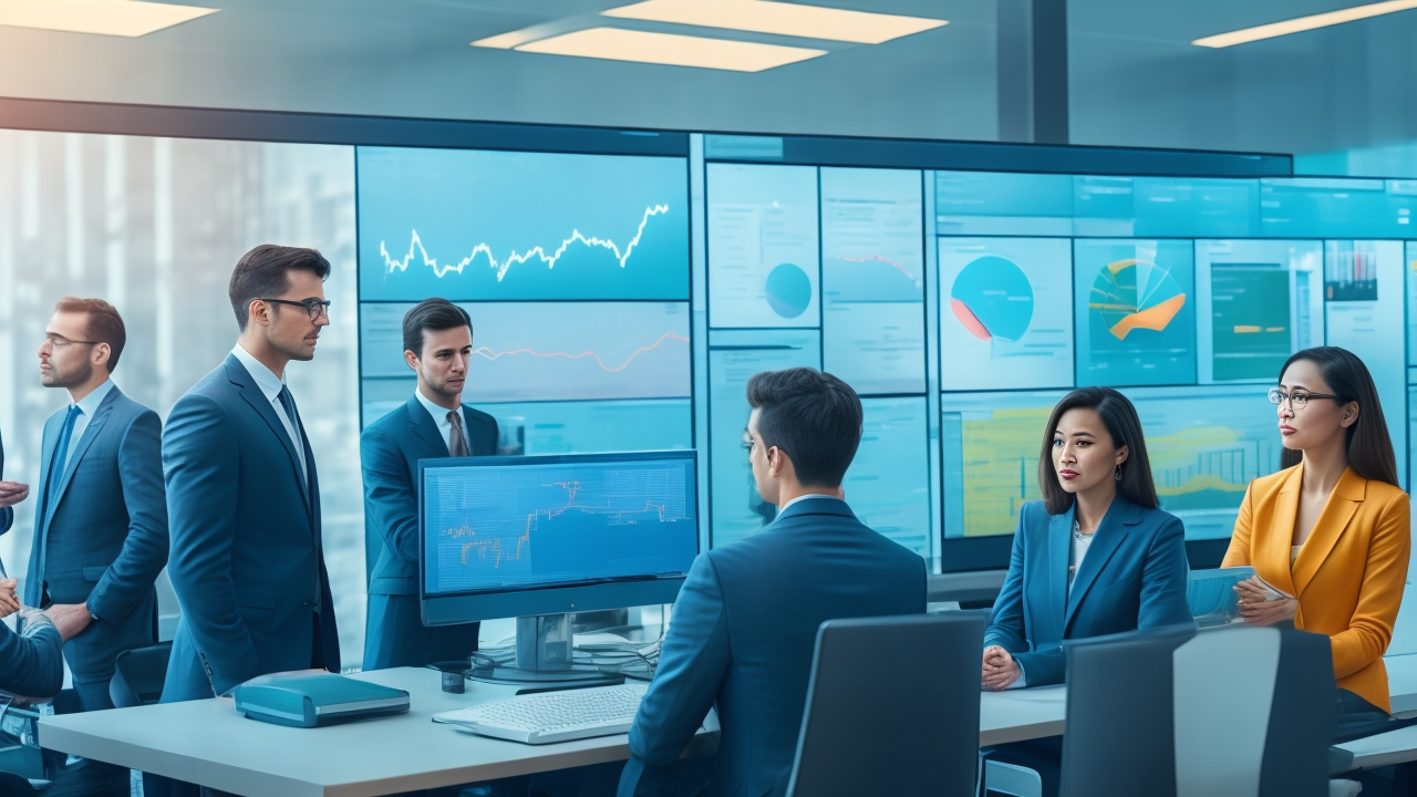 A cinematic business setting showing diverse professionals gathered around a large digital dashboard displaying abstract graphs and metrics, emphasizing collaboration, transparency, and trust in a modern office environment with soft natural lighting.