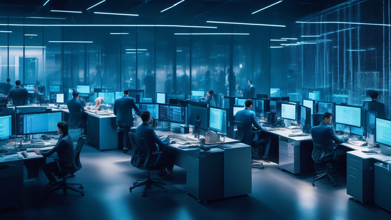 A dimly lit modern office with diverse professionals working intensely at separate secure workstations, surrounded by holographic data streams and subtle digital locks symbolizing access control and data isolation in a high-tech annotation security environment.