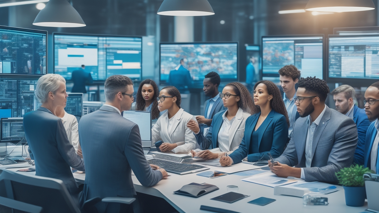 A cinematic, editorial-style photo of a diverse team of professionals collaborating intensely around a high-tech workspace filled with multiple screens displaying complex data visualizations and project management dashboards, symbolizing seamless coordination and precision in AI annotation project management from initial brief to final dataset delivery.
