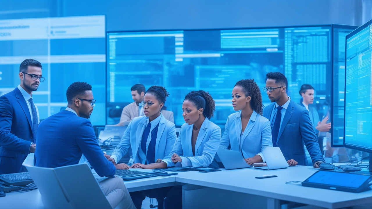 A focused diverse team of tech professionals collaborating intensely around large digital screens displaying complex data and charts, illuminated by cool blue lighting in a sleek modern office, capturing the dynamic process of continuous improvement and quality assurance feedback loops in a high-tech startup environment.