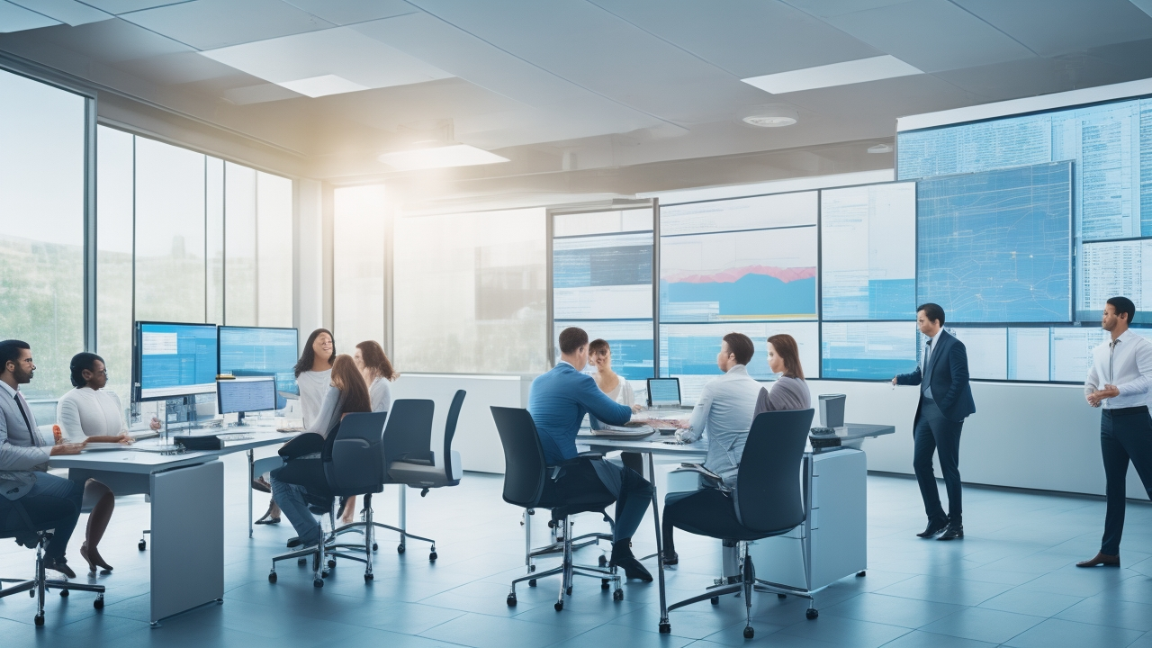 A modern tech startup office with diverse professionals collaborating over transparent digital screens displaying abstract data annotations and pricing charts, bathed in cinematic natural light conveying innovation and strategic planning.
