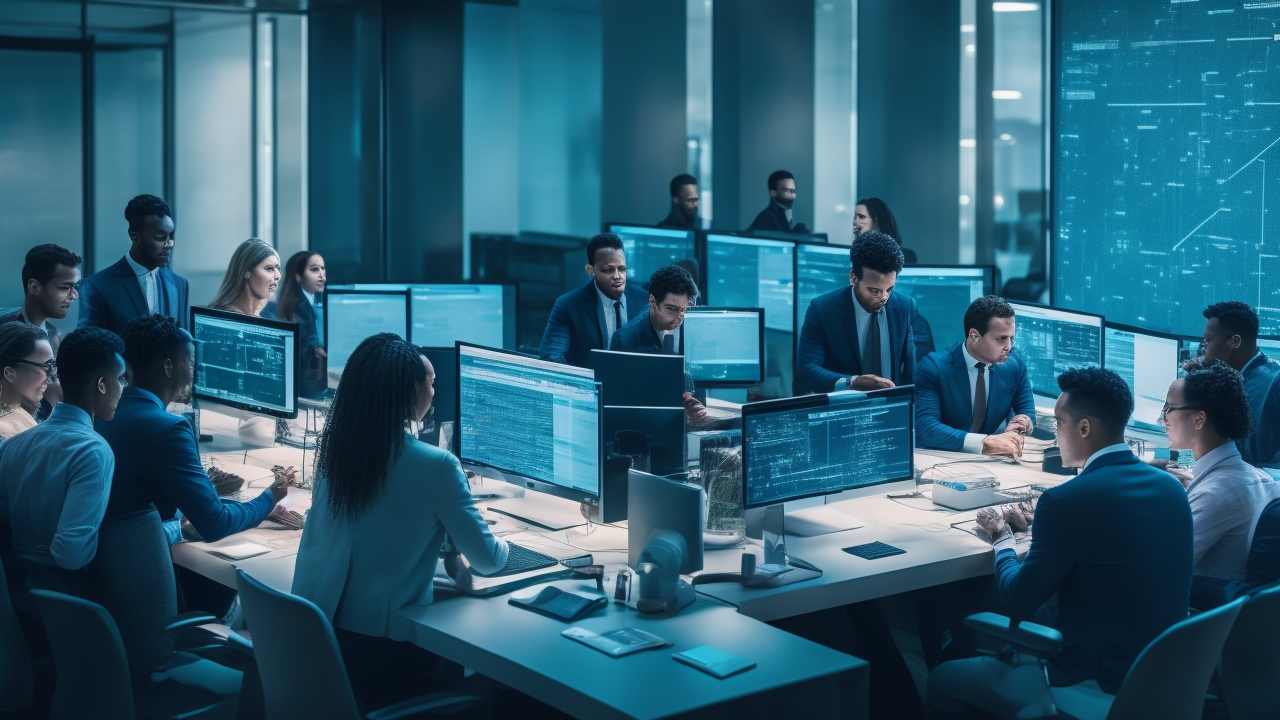 A cinematic overhead shot of a diverse team of tech professionals collaborating intensely around a large digital touchscreen table displaying complex data visualizations and code, set in a modern open office with subtle moody lighting, emphasizing precision and teamwork in handling rare and complex AI data challenges.