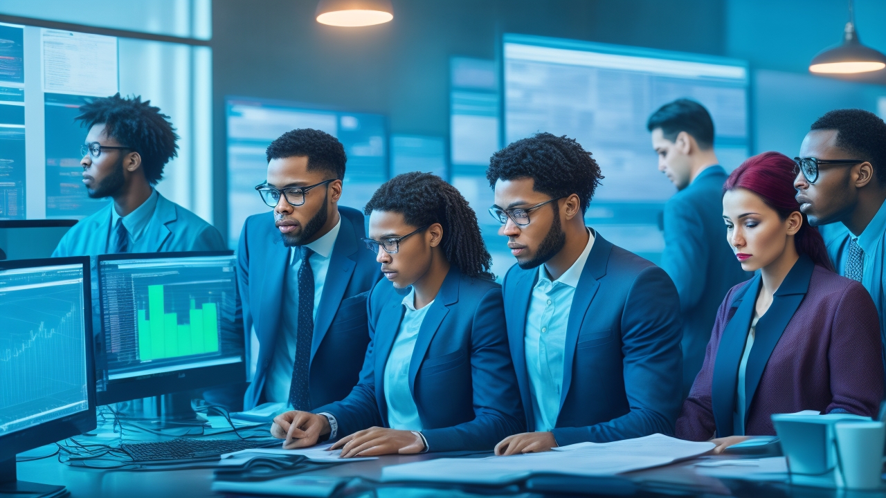 A cinematic editorial image of a diverse team of data scientists and annotators collaborating intensely around multiple transparent digital screens displaying complex datasets, statistical graphs, and colored annotation markers in a modern tech office, with warm lighting highlighting focused expressions and a sense of precision-driven teamwork.