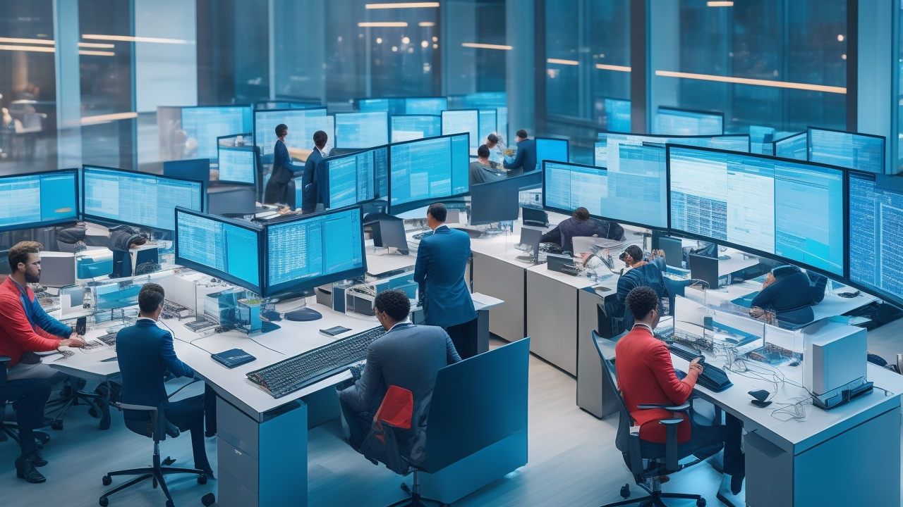 A cinematic overhead view of a diverse team of data annotators working collaboratively at multiple computer stations in a sleek, modern tech office, with screens displaying abstract data visualizations, conveying seamless high-volume AI data labeling and automation at scale.