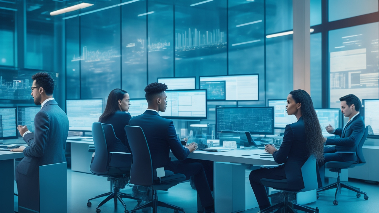 A cinematic editorial image showing a dynamic, high-tech workspace with diverse professionals collaboratively analyzing complex data visualizations on multiple transparent screens, blending digital synthetic data graphics and human annotation elements to symbolize the synergy of AI-driven synthetic data and precise human labels unlocking innovation.