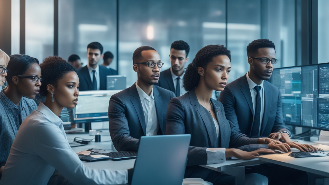 A cinematic, editorial-style image of a diverse team of tech professionals collaborating intensely around multiple large screens displaying complex computer vision, natural language processing, and audio waveform visualizations, set in a modern, high-tech workspace with sleek interfaces and ambient lighting that highlights data annotation and AI innovation.