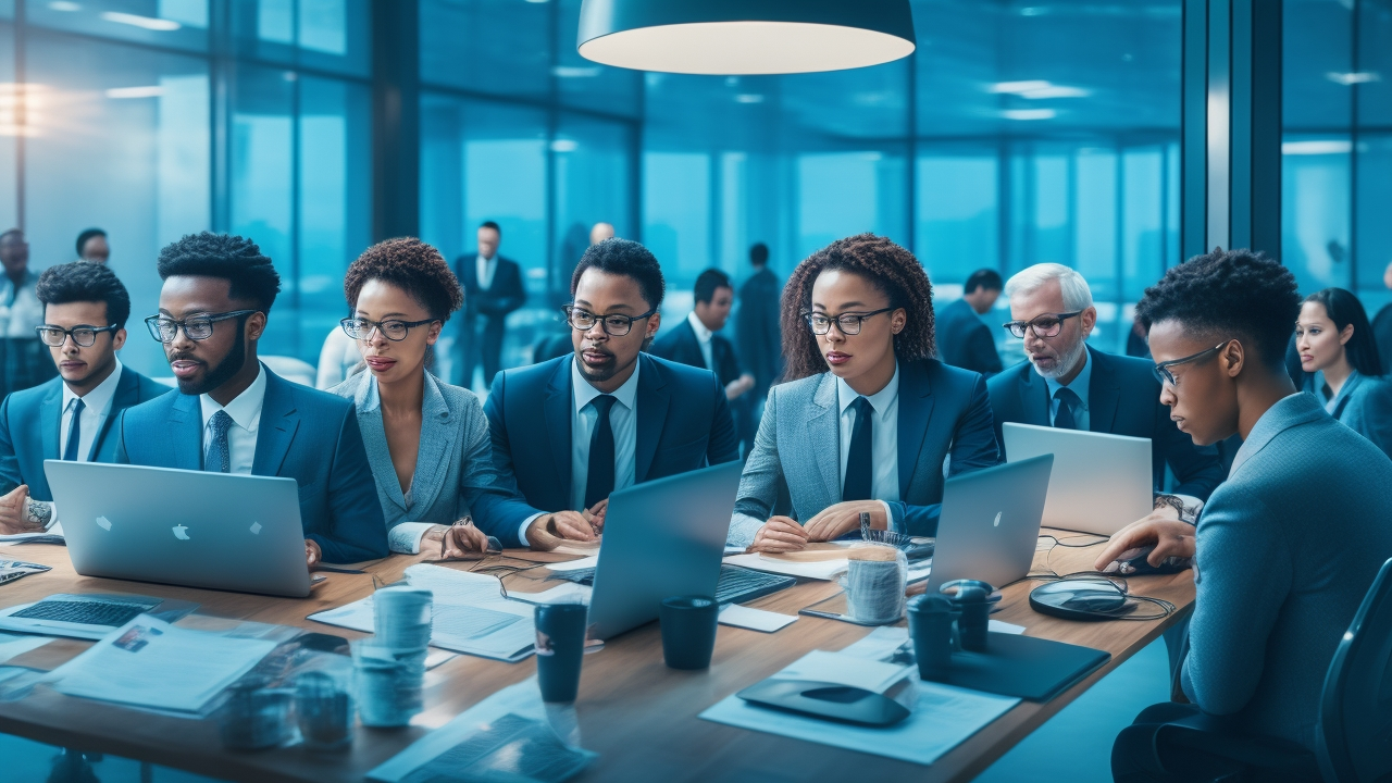 A diverse team of professionals collaborating around a large table filled with multilingual documents and digital devices, symbolizing advanced AI evaluation and cross-language benchmarking, captured in a cinematic, well-lit modern office setting.