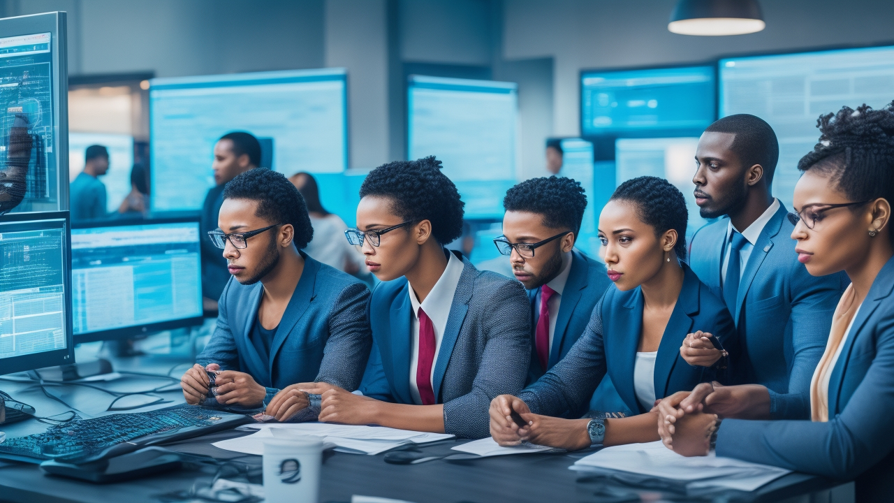 A cinematic editorial photo of a diverse team of data scientists and annotators collaborating intensely around multiple computer screens displaying complex language model data and colorful annotation interfaces in a sleek, modern tech office environment.
