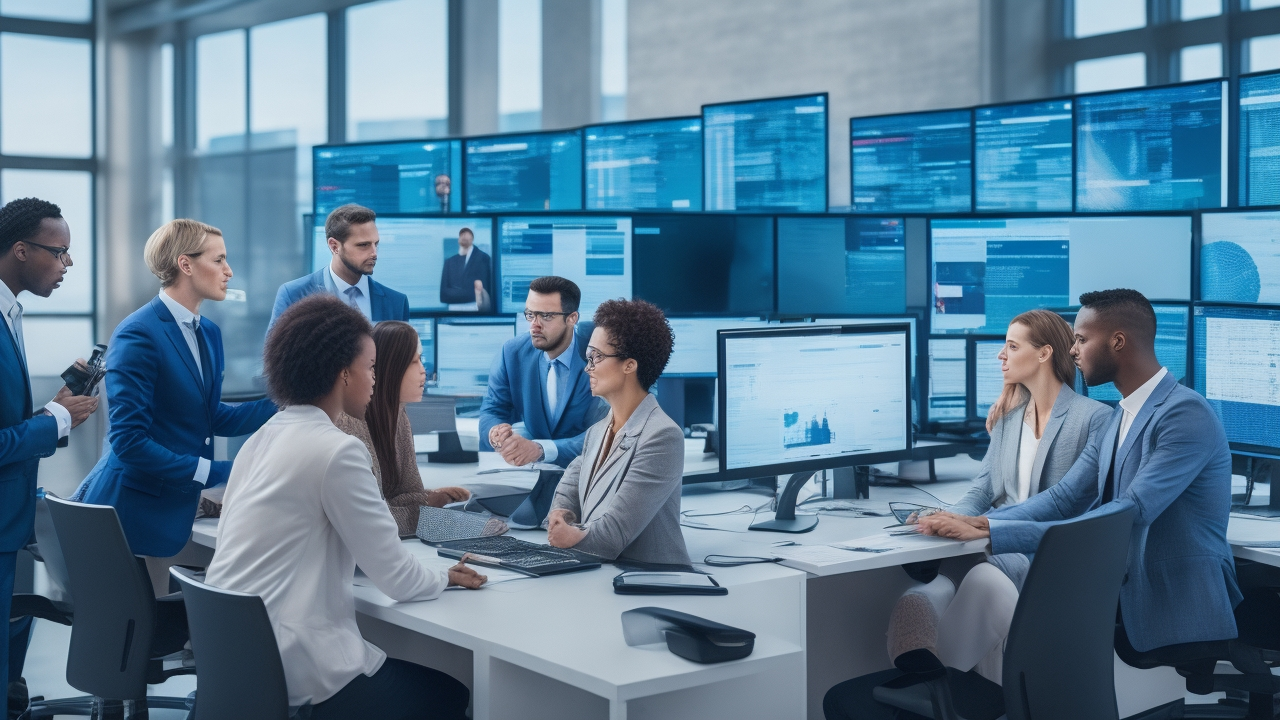 A diverse team of professionals collaboratively analyzing complex data visualizations and charts on multiple large screens in a modern, sleek office environment, conveying cutting-edge ethical AI fairness auditing and bias mitigation efforts.
