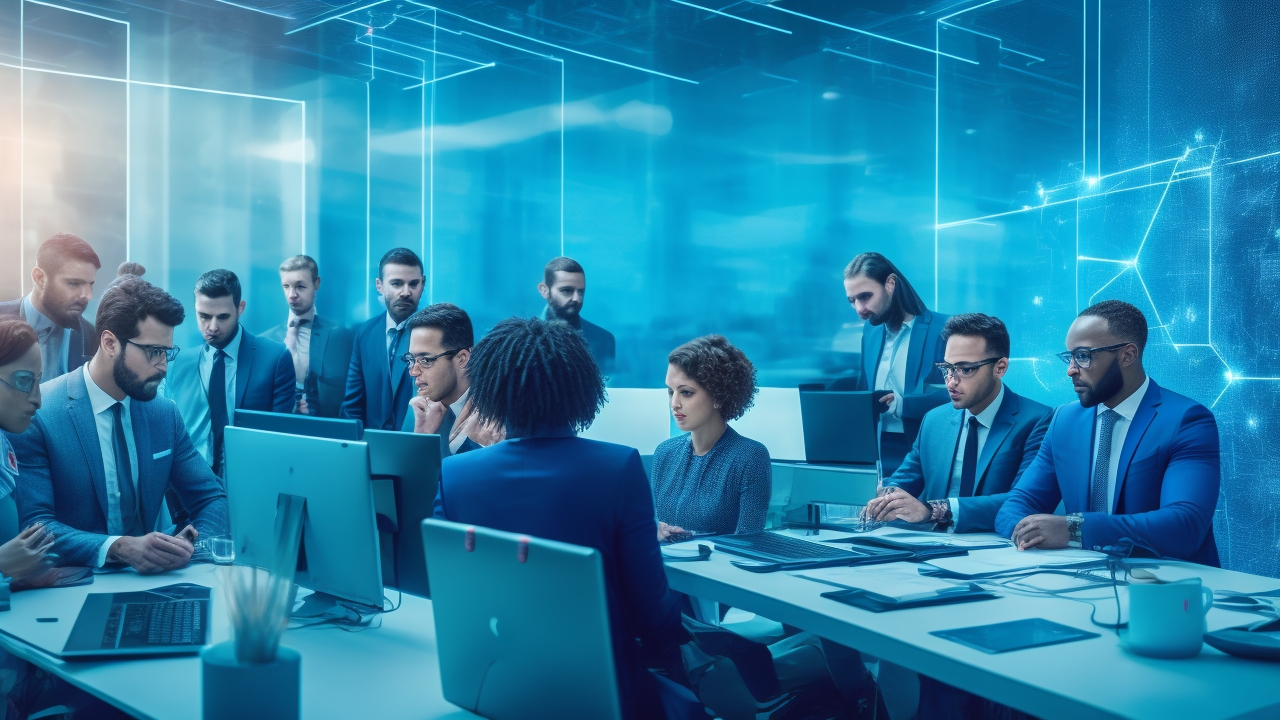 A cinematic editorial image of a diverse team of professionals collaborating in a modern, high-tech office surrounded by digital data streams and holographic interfaces symbolizing GDPR-compliant data labeling and privacy protection in AI innovation within the EU.
