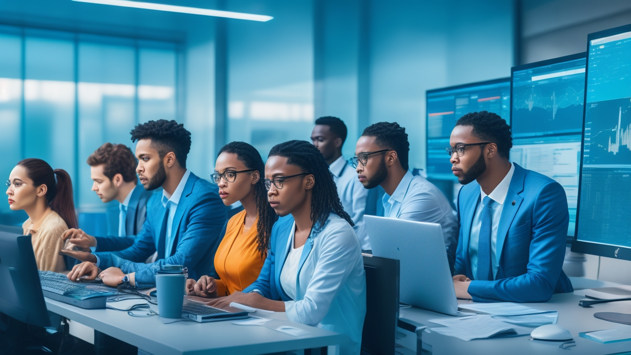 A cinematic, editorial-style photograph of a diverse team of data scientists and annotators collaborating intensely around multiple computer screens displaying complex data visualizations and charts, in a modern tech office with soft natural lighting, symbolizing precision, quality measurement, and cutting-edge AI data labeling processes.