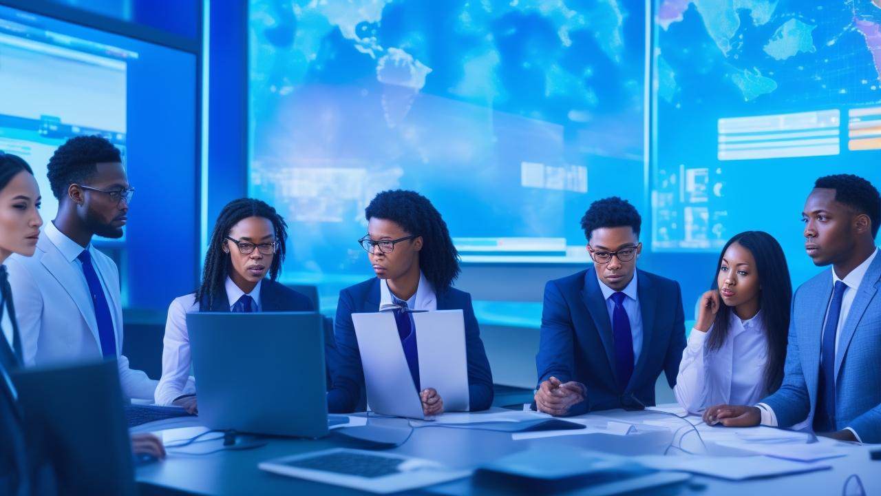 A cinematic editorial shot of diverse tech professionals collaborating around a glowing digital touchscreen displaying abstract data visualizations and demographic charts, symbolizing ethical AI fairness auditing and bias mitigation in a modern, high-tech office environment.