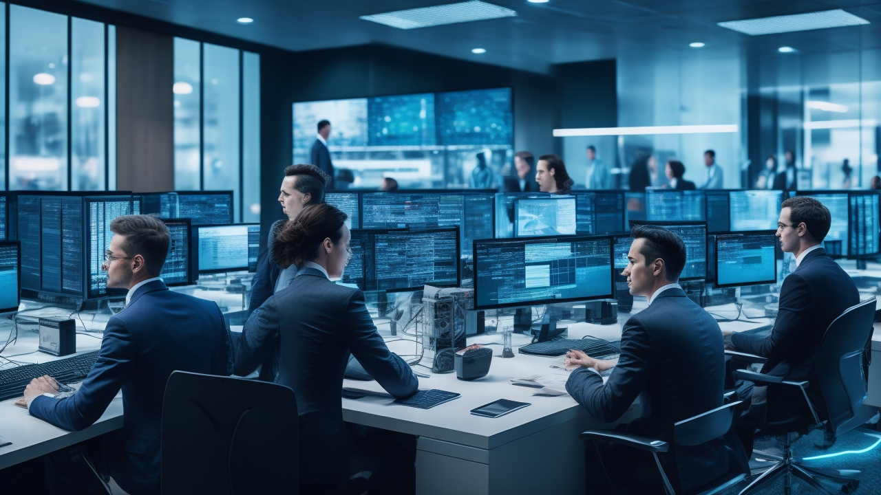 A dynamic newsroom environment with diverse professionals analyzing multiple digital screens displaying complex document layouts, tables, and form annotations, illuminated by soft cinematic lighting that highlights the fusion of advanced AI technology and human expertise driving cutting-edge document automation innovation.