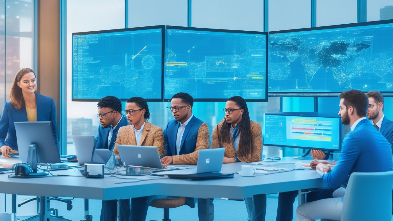 A cinematic editorial image depicting a diverse team of professionals collaborating around a high-tech digital dashboard displaying abstract visualizations of customer feedback data streams, sentiment graphs, and topic clusters, set in a modern, bright enterprise office environment symbolizing advanced NLP-powered Voice of Customer analysis at scale.