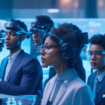 A cinematic close-up of a diverse team of professionals intensely collaborating in a futuristic workspace filled with multiple transparent screens displaying 3D holographic models of virtual reality environments and digital annotations, highlighting advanced AR/VR dataset labeling and computer vision technology for immersive gaming development.