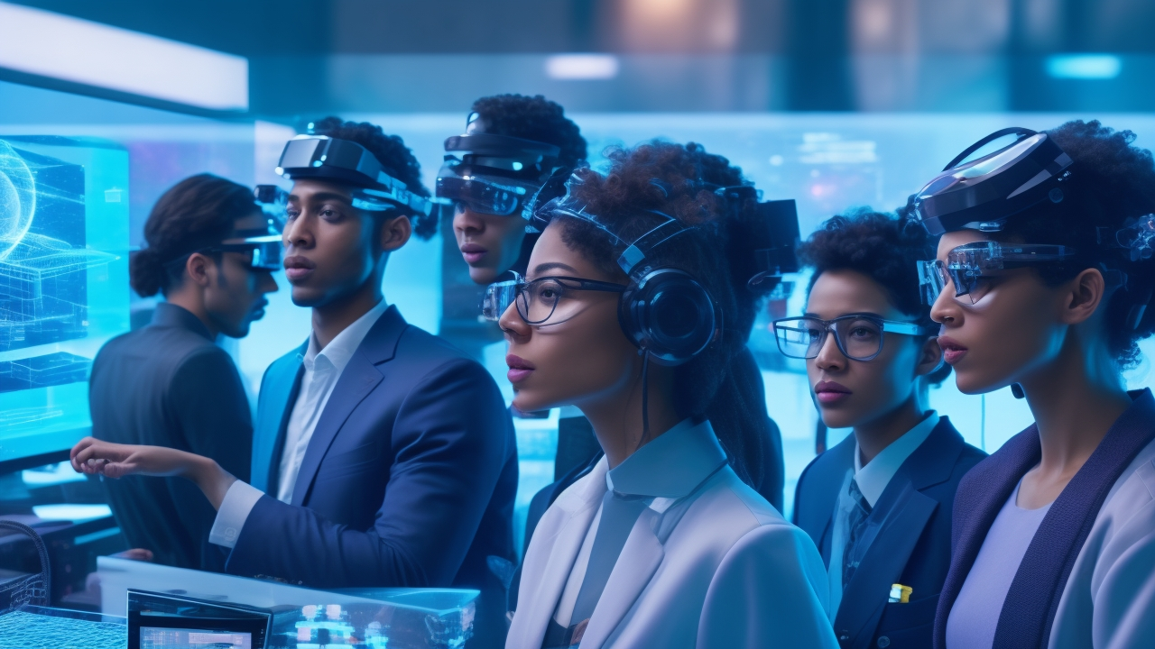 A cinematic close-up of a diverse team of professionals intensely collaborating in a futuristic workspace filled with multiple transparent screens displaying 3D holographic models of virtual reality environments and digital annotations, highlighting advanced AR/VR dataset labeling and computer vision technology for immersive gaming development.